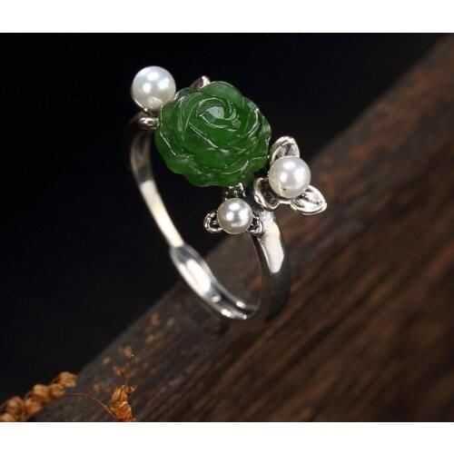 2018 Fashion Silver S925 Pure Silver Natural And Field Jasper Rose Retro Opening Sterling Silver Ladies Rings Wholesale