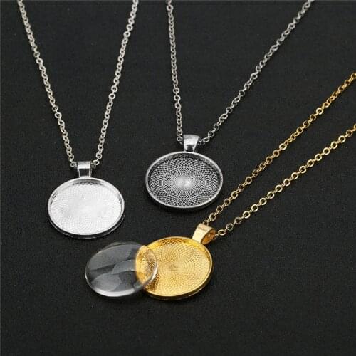 2pcs Pendants Necklace Base With 25mm 30mm Glass Cabochon Blank Cameo Tray Lobster Clasps Chains Necklace Diy Jewelry Supplies