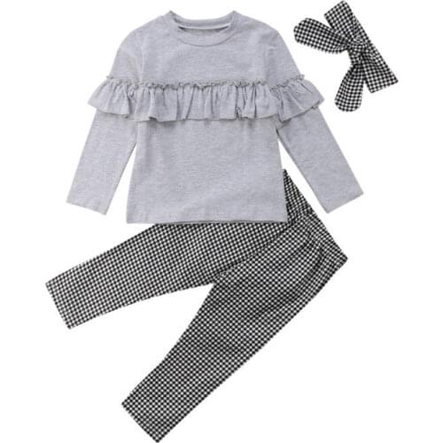 3Pcs Toddler Kids Baby Girl Clothes Ruffle Long Sleeve Tops Plaid Long Pants Headband Outfits Clothes