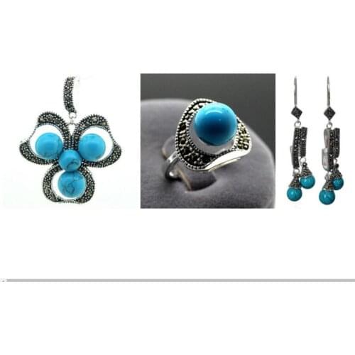 Free Shipping good Vintage Blue 925 Sterling Silver Marcasite Ring (#7-10) pendant and earrings sets
