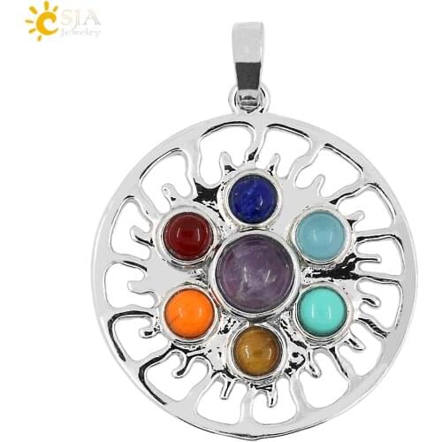 CSJA 2015 Reiki Sun Shaped 7 Chakras Symbols Stone Pendant Yoga Jewelry Amulet Healing Pendants for Men women girl boy gift E031