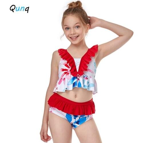 Qunq Baby Girls Bathing Suit 2021 New Flower Print Ruffle Sweet Two Piece Kids Swimwear for Girl Summer Children Beach Wear