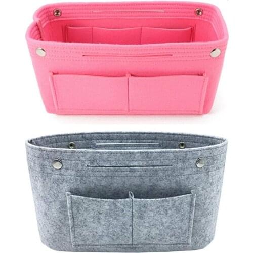 Hot kf-2 Pcs Women Fashion Felt Cloth Inner Bag Fits in Insert Handbag Multi-Pockets Cosmetic Bags Organizer, Gray & Pink