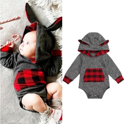 FOCUSNORM Xmas Baby Girls Boys Rompers 0-18M Plaid Patchwork Printed 3D Ear Hooded Long Sleeve Pocket Jumpsuits