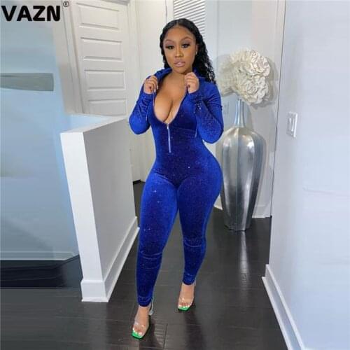 VAZN 2020 Hot List High-end Suede Jumpsuits Sexy Solid Elegant Young Full Sleeve High Waist Women Skinny Pencil Jumpsuits