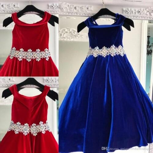 Royal Velvet Pageant Dresses for Teens 2021 Crystals Rhinestones Long Pageant Gowns for Little Girls Off the Shoulder Red Formal