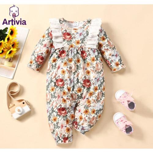 Newborn Baby Girl Flower Printed Lace Romper Clothes Autumn Winter Infant Girls Rompers Long-Sleeves Pure Cotton Jumpsuit 0-18M