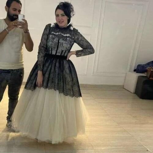 Contrast Color Lace Prom Dresses Feather High Collar Full Sleeve Arabic Dubai Special Occasion Gown Puffy Skirt Party Wears
