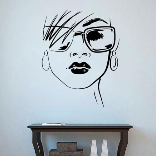 Fashion Girl Wall Decal Glasses Woman Face Door Window Vinyl Sticker Girls Bedroom Beauty Salon Interior Decor Wallpaper E027