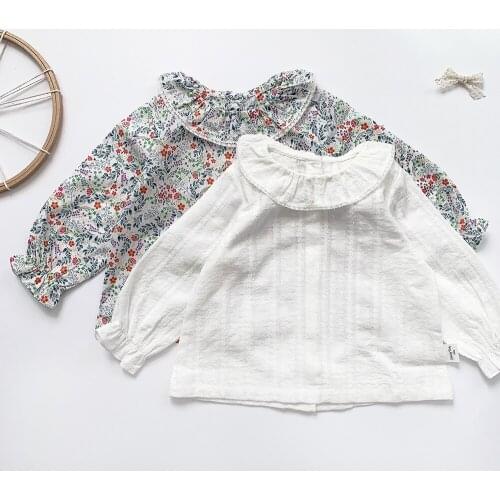 Soft Breathable Girls Floral Shirt Cotton Long Sleeve Kids Tops Children Petal Collar Blouse for Toddler Girls Pullovers Bottom