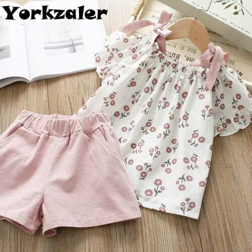 Girl Summer Clothes Set Flower Printed Short Sleeve Shirt and Shorts 2 Pcs Children Outfits Kids Lovely Shoulder Off Sets