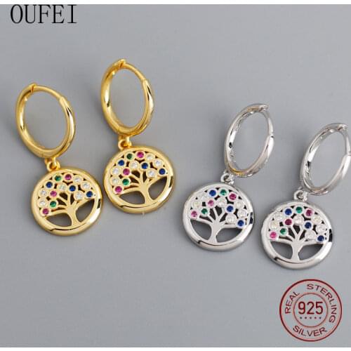 OUFEI Tree Of Life Earring 925 Sterling Silver Luxury Fine Earrings Colorful Shining Crystal 2021 Hot Sale Jewelry Girl Gift
