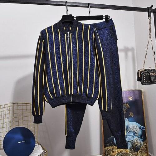 Dark Blue Bright Silk Gold Stripe Tracksuits Women Set Loose Casual Knitted Cardigan Sweater Long Pants Two Piece Outfits Female