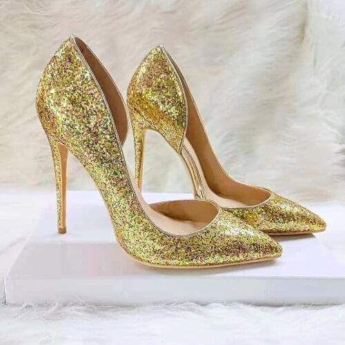 Gold Sequins Inside Cutout Wedding pumps Thin Heels Party Shoes Pointed toe Shiny Bling Bling High Heel
