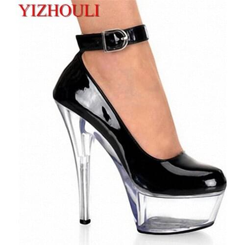 Sexy ankle strap chic PU leather pumps for women 15cm high heels, wedding/trendy multicoloured sheer heels