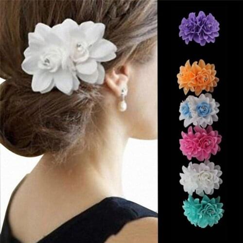 6 colors Women Girl Double Flowers Rhinestone Hair Clip Hairpin Bridal Wedding Party Hair Accessory