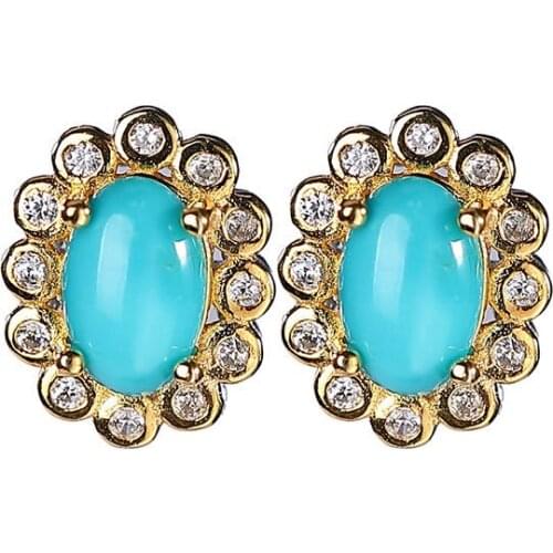 S925 sterling silver gold plated Natural turquoise Personality Ellipse Temperament Light luxury Ladies Ear studs earrings