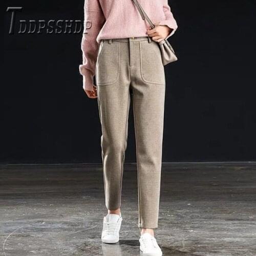 2019 High Waist Thick Slim Women Woolen Pants Ankle Length Autumn Winter Female Trousers