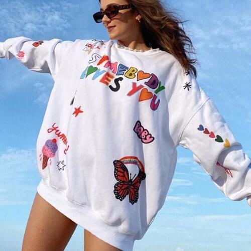 Sweet Cartoon Casual Sweatshirt Women Long Sleeve Top Autumn Winter 2021 Pulovers Loose Oversized Mid Length Streetwear Outfits