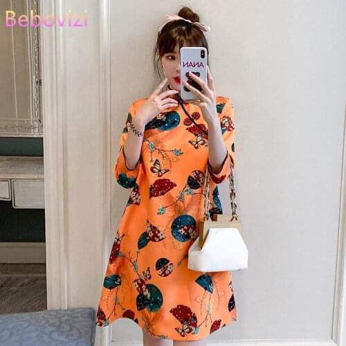 Plus Size M-4XL Orange Casual Party Loose Fashion Modern Cheongsam Dress Women Short Sleeve Qipao Traditional Chinese Clothes