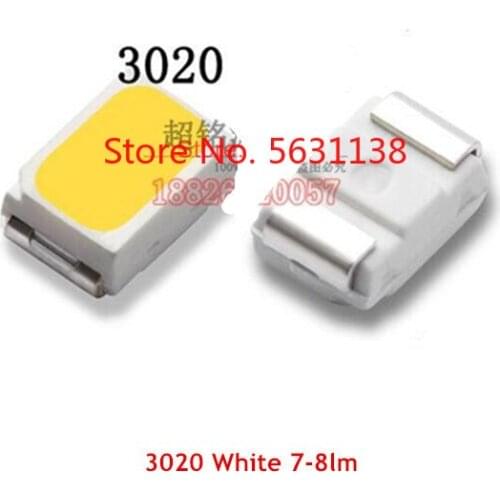 100PC 3020 WHITE LED 7-8LM TRUE WHITE 6000-7000K 2.8-3.0V 20mA 3.0*2.0*1.2mm SMD light beads cree COB chip power led Light Beads