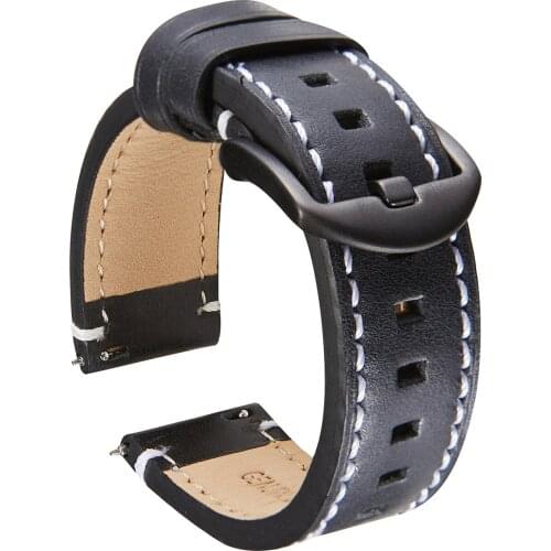 20mm 22mm Smart Watches Band Straight Quick Release Strap Leather Retro Top Layer Leather Strap Sliver Black Buckle