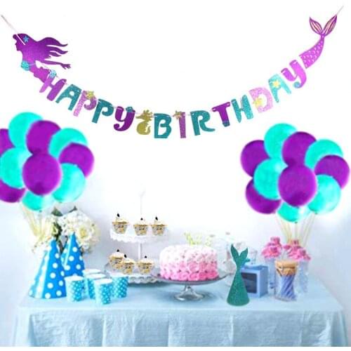 CHENN Mermaid Party Glitter Happy Birthday Banner Garlands Mermaid Headband Balloons for Birthday Party Baby Shower C10
