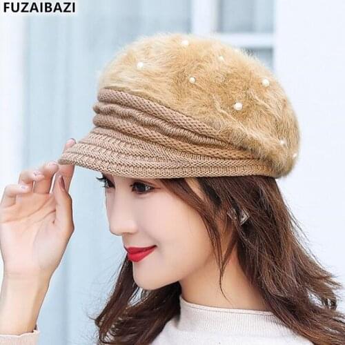 FUZAIBAZI New For Women Rabbit Velvet Berets Fashion Pearl Ear Protectors Knitted Cap Ladies Brands Thermal Winter Hat