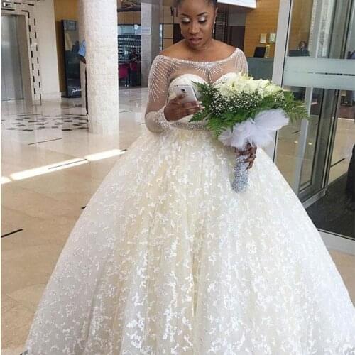 Custom Size Plus Size White Ivory Sweetheart Long Sleeves Illusion Ball Gown Wedding Bridal Gowns Lace Wedding Dresses 2021