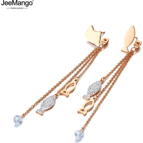 JeeMango Bohemia Rhinestone Cat & Fish Tassel Earrings 316L Stainless Steel CZ Crystal Party Earrings Jewelry For Women JE20120