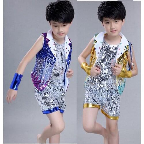 Children stage Dance boy performance flashing paillette sequins Hip hop Jazz modern competition suit costume clothes