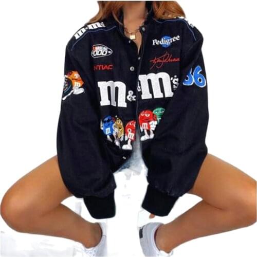 2021 Fashion Bomber Jacket Women/Girl Stand Collar Letter Print Single-Breasted Long Sleeve Vintage Loose Bat Type Outerwear