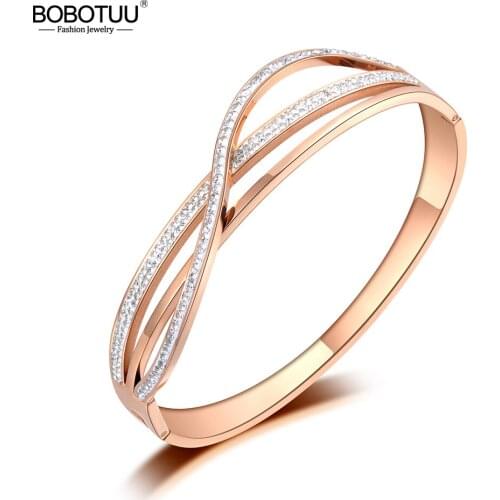 BOBOTUU Trendy Design Mosaic Rhinestone Cuff Bangle Bracelet Jewelry Rose Gold Stainless Steel Wedding Bangle For Women BB19090