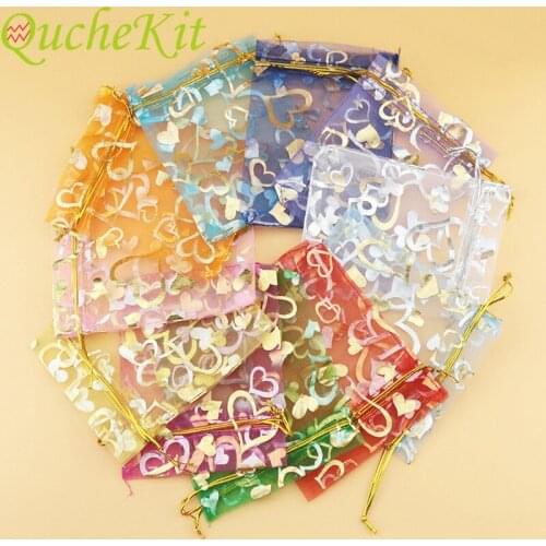 100pcs Small Organza Bags Party Wedding Decoration Chocolate Candy Jewelry Packaging Bags Christmas Hearts Design Gift Bag
