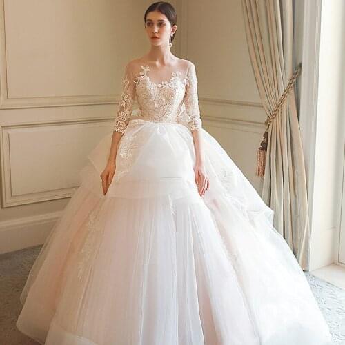 Mingli Tengda Round Neck Perspective Wedding Dress 3/4 Sleeve Lace Ruffles Wedding Dresses Tiered Illusion Robe De Mariee New