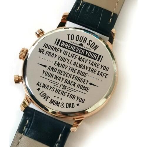 K4500-12 Dad and Mom To My Son Automatic Quartz stainless Steel Engraved Watches Luxury Fashion Men Watches Kids Watch Leather