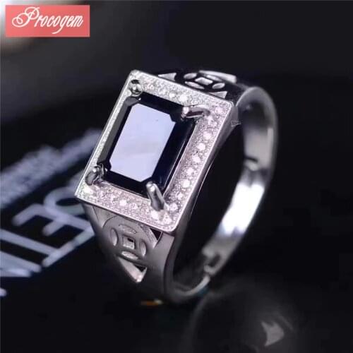 Natural Sapphire Ring Rectangle ring Genuine Gemstone men Ring 925 Sterling silver Wedding Ring fine Jewelry Free Shipping #082