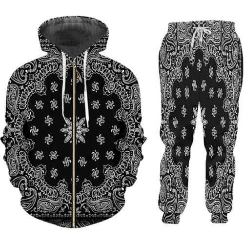 CJLM Men/Women 2 Pcs Sportsuit Sets Fashion Long Sleeve 3d Black Pattern Print Hoodies+Pants Set Unisex Zipper Tracksuit Custom