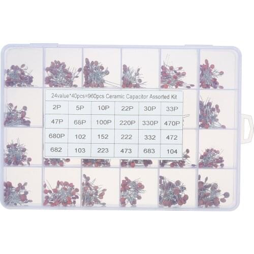 960pcs Ceramic Capacitor Assorted Kit 2pF-0.1uF 24 Values * 40pcs DIP Ceramic Chip Capacitors Set with Transparent Plastic Box