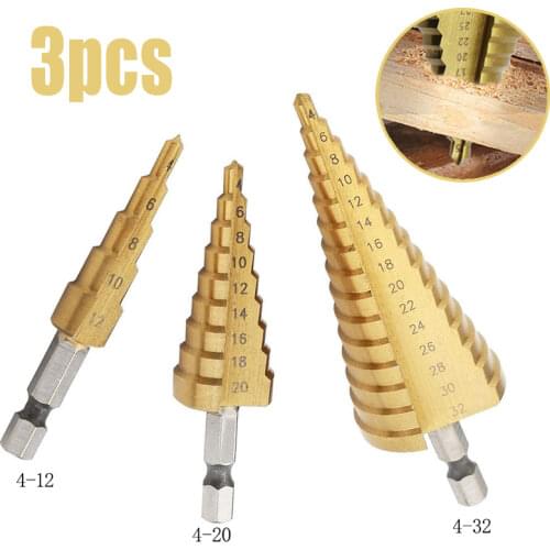 3pcs 1 / 4 " Titanium Coated Metal Hex Core Drill Bits Hss Step Drill Bit Set Cone Hole Cutter Taper Metric 4-12 / 20 / 32mm