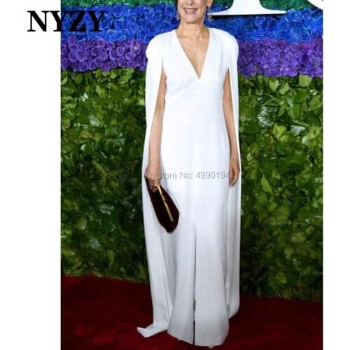 NYZY M295 Sheath V Neck Cloak Cape Sleeves Mother of the Bride Groom Dresses 2020 White Dress Party Formal Evening Gown