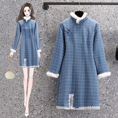 EHQAXIN Autumn Winter Plus Size Womens Cheongsam Dresses Fashion Plaid Raw Edge Lace Stitching Split Dress Thick Warmth M-4XL