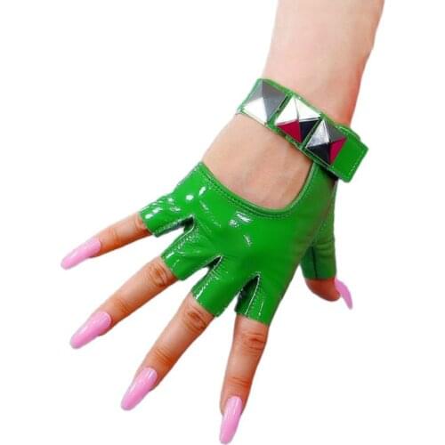 Real Leather Patent Leather Semi-Finger Gloves Bright Green Silver Rivet Sheepskin Fingerless Women Gloves Touchscreen ZP50