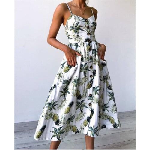 Casual Vintage Sundress Women Summer Dress Boho Sexy Dress Midi Button Backless Polka Dot Striped Floral Beach Dress Female