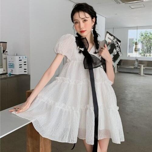 Jacquard Puff Sleeve Bowknot Dress Summer Korean Fashion Short Sleeve Kawaii Princess Dress 2021 New Clothes