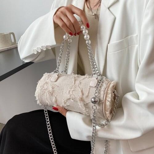 Pearl Chain Design Cylindrical Shape Canvas Crossbody Bags For Women 2021 Summer Trending Female Shoulder Bags Ladies Handbags