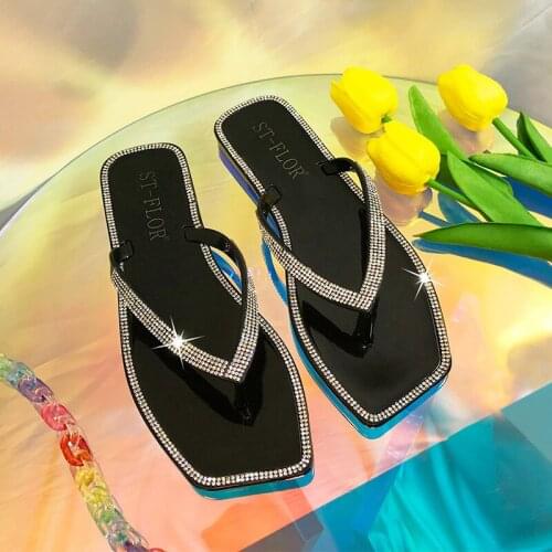 2021 Summer New Style Jelly Woman PVC Square Head Flat Flip Flops Fancy Diamond Flip-flops Fashion Beach Sandals Shoes TX352