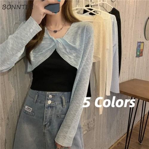 Long Sleeve T-shirts Women Sexy Knitting Female Summer Vintage Thin Design Sun Proof Folds Crops O-neck Girls Tops Ulzzang Chic