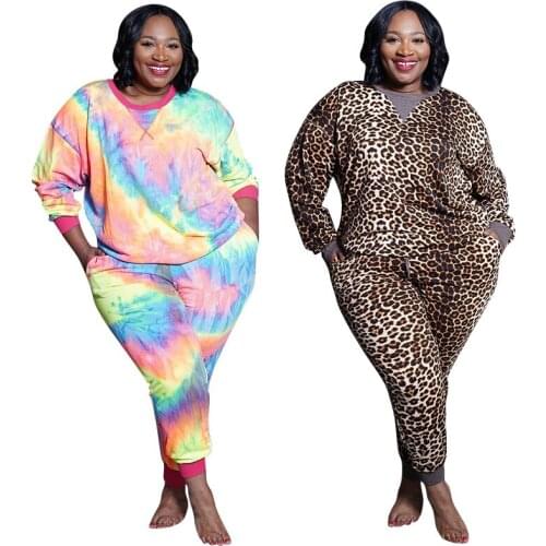Plus Size Women Suit Tie Dye Printing Knitted Fashion Casual Leopard Two-piece Set African Clothing Loose Tops And Pants Outfits