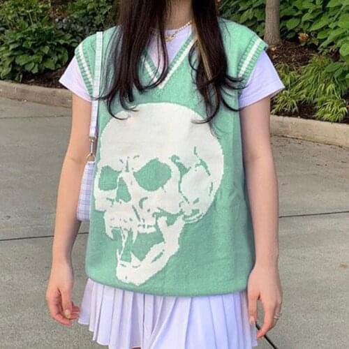 Autumn Women Knit Vest 2021 Fall V-Neck Loose Long Skulls Patchwork Printing Pullovers Vest Women Sleeveless knit waistcoat